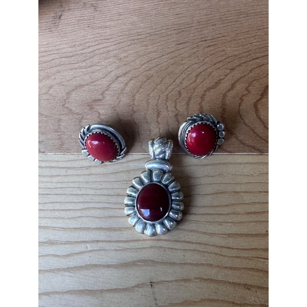 Sterling Silver Red Coral Pendant Earrings Set Southwestern